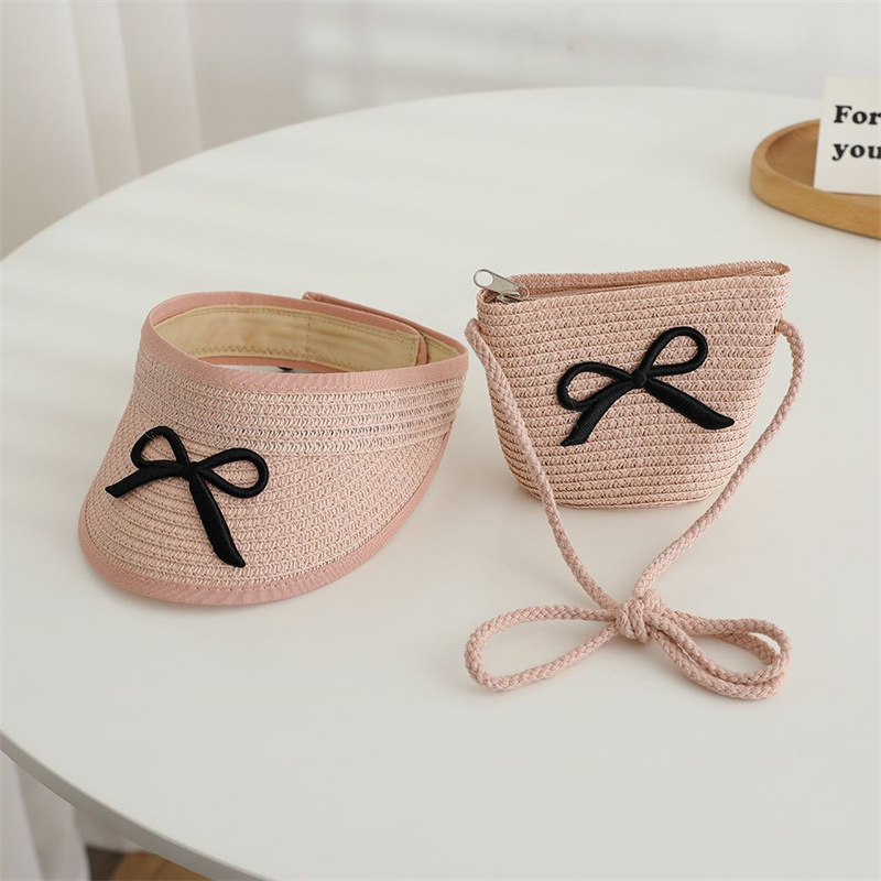 Chapéu de palha e bolsa de ombro verão para meninas, chapéu de sol superior vazio infantil, aba grande, bowknot, viseira de praia ao ar livre, boné de sol para bebê: Preto