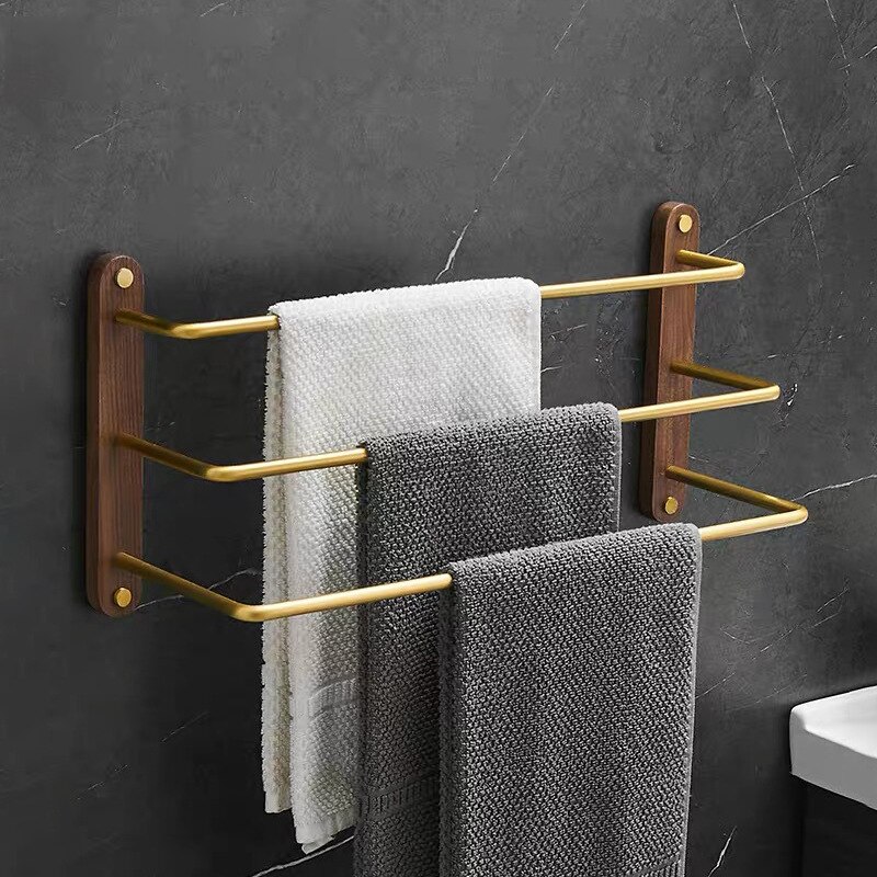 Black walnut bathroom towel hanger Bath towel rack multistory shelf wood towel rod aluminium alloy towel shelf brushed gold