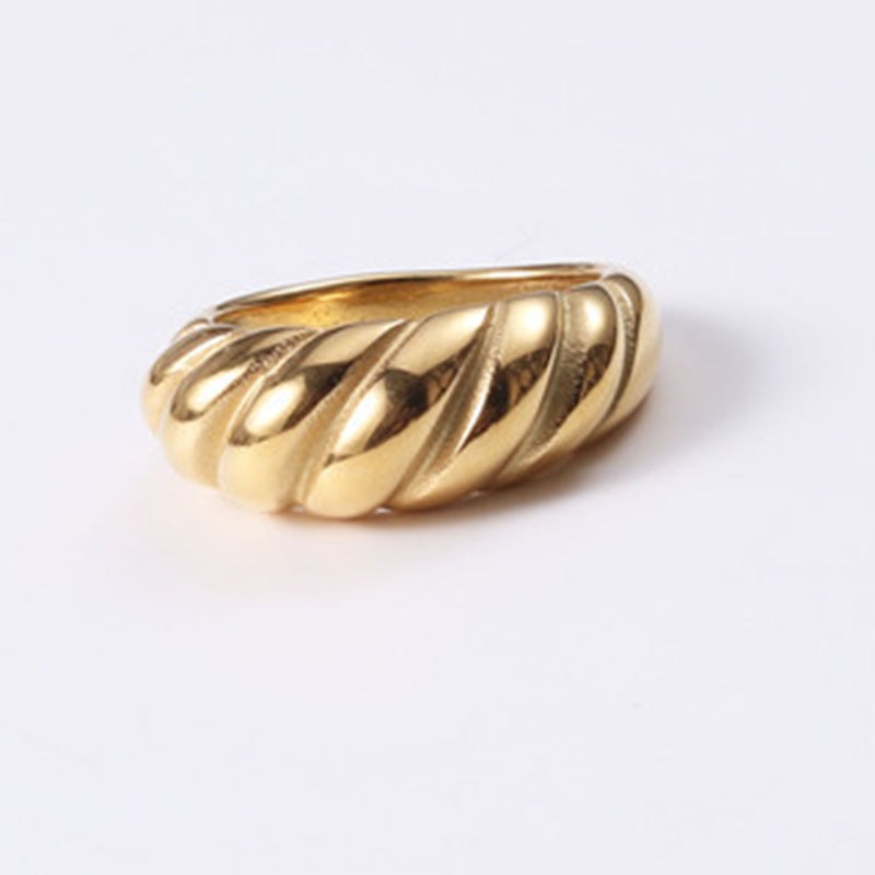 Rustfrit stål guld crosissant kuppel ring til kvinder geometri diagonal stribe bred hale ring
