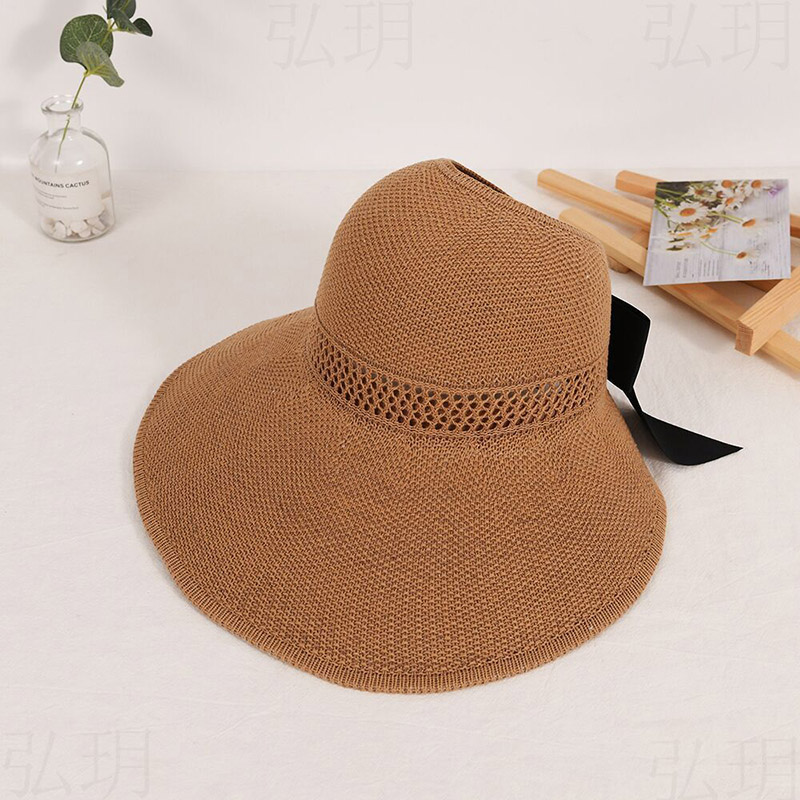 Sombrero de paja con lazo vacío para mujer, gorra de pescador plegable de ala ancha, de verano, para viajes al aire libre y playa, 56-58cm: khaki