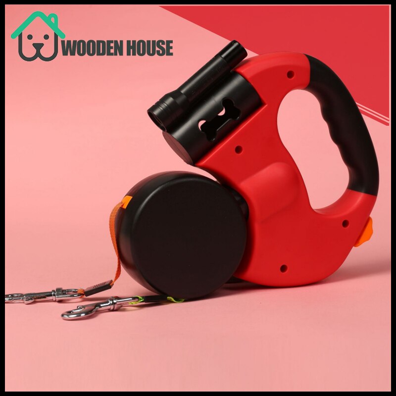 Dual Headed Pet Leashes with Flashlight Garbage Bag Box Automatic Retractable Dogs Traction Rope Double Dog Walking Leash Chain