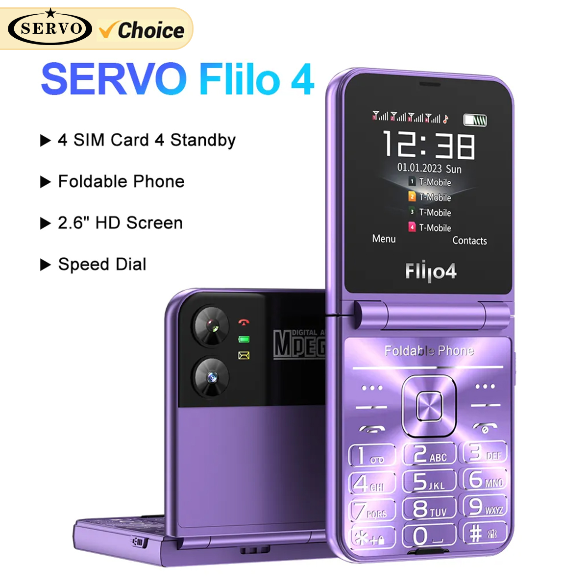 SERVO Flilo4 Flip Cellulare Quattro SIM Card GSM Rete cellulare Torcia Speed Dial Magic Voice Telefono cellulare pieghevole Prezzo basso