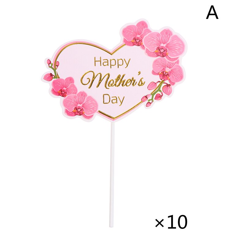 10pcs Cake Topper Pink Heart Flower Decoration Happy Mother`s Day Cake Toppers For Mother`s Day Cupcake Dessert Supplies: 1
