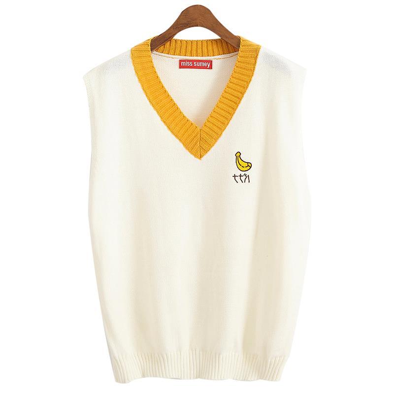 Pull gilet femmes sans manches à la col en v étudiant broderie Patchwork tout-match populaire Feminino Simple doux tricot Kawaii: yellow / S