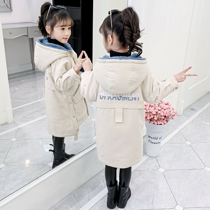 Girl clothes Winter Long coat Warm Plus Velvet Princess Cotton jacket Kid Outdoor Thick Parka Clothing Hooded Outerwear