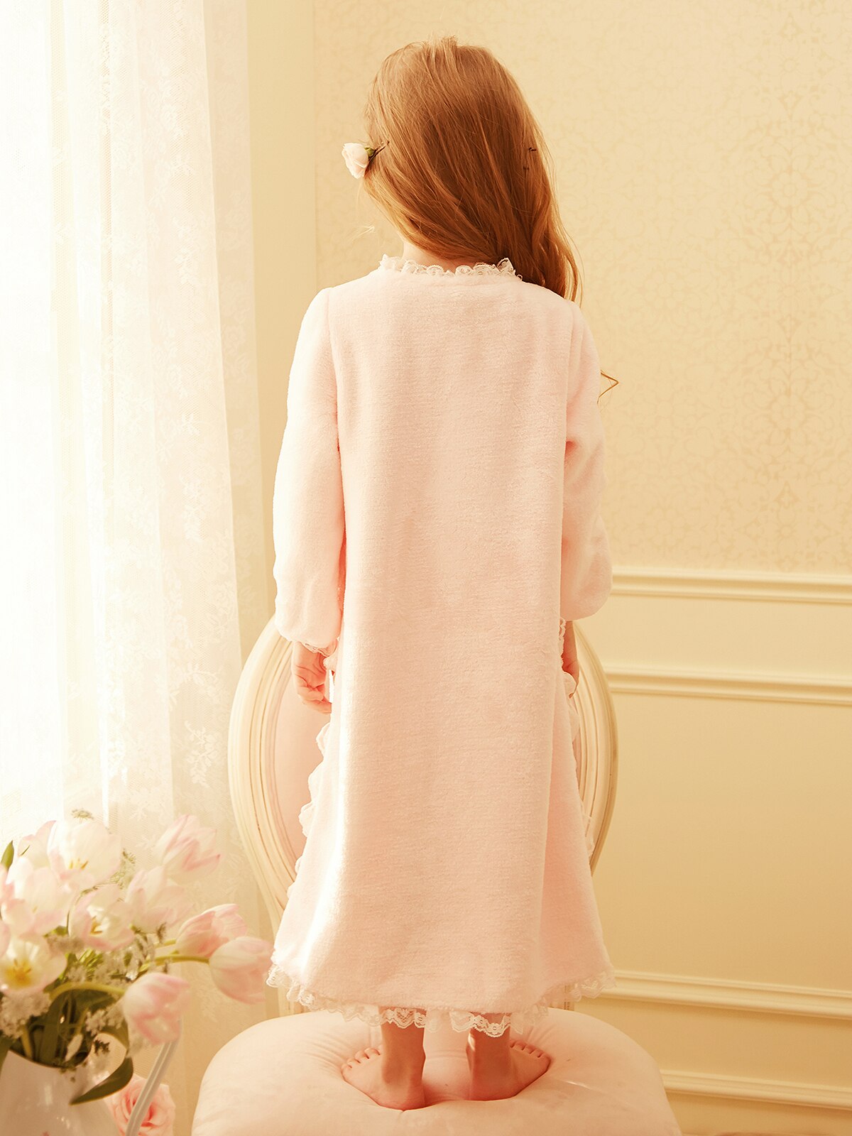 Winter Girls Flannel Nightgown Long Sleeve Lace Hem Nightdress 3-12y Kid Thicken Warm Sleeping Dress Baby Girl Leisure Home Wear