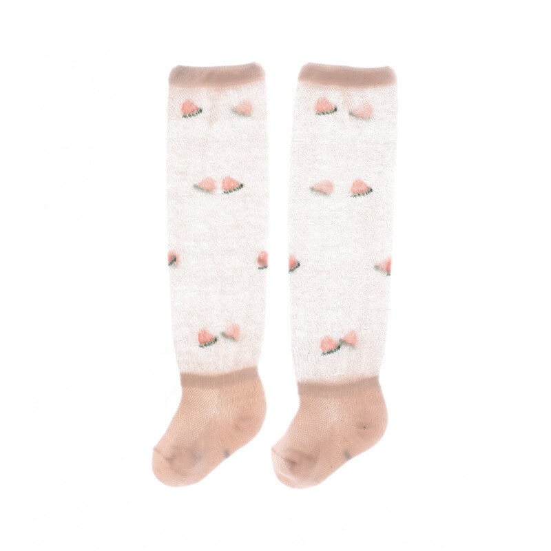 Calcetines de malla con lazo grande para bebé y niña, calcetín largo hasta la rodilla, de algodón, para recién nacidos de 0 a 24 meses, para verano,: Pink watermelon / S 0-1 years old