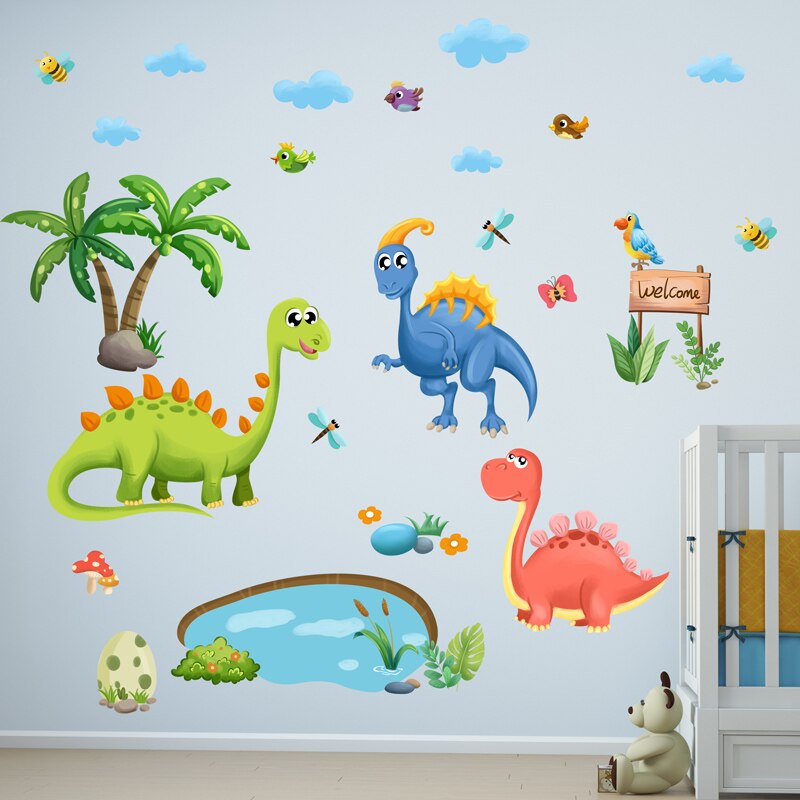 [shijuekongjian] dinosaurier djur väggdekal diy tecknade fåglar träd väggdekaler för barnrum baby sovrum barnkammare dekoration