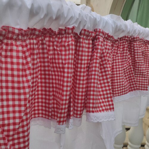 Rød rutete mønster skap kort gardin. gardiner i bomull i dobbeltlag. dekorativ halvgardin. dørgardin.: Default Title