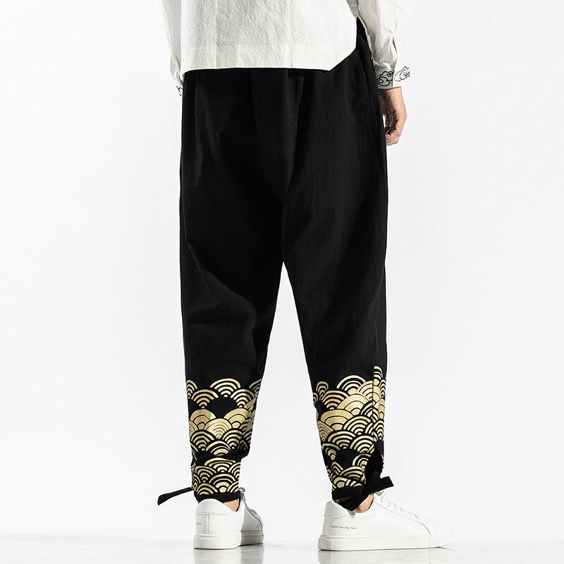 Pantalones bombachos estampados de estilo Retro chino para hombre, traje Tang, uniformes de Kung Fu, pantalones bombachos de lino sueltos informales, ropa de calle de japonesa