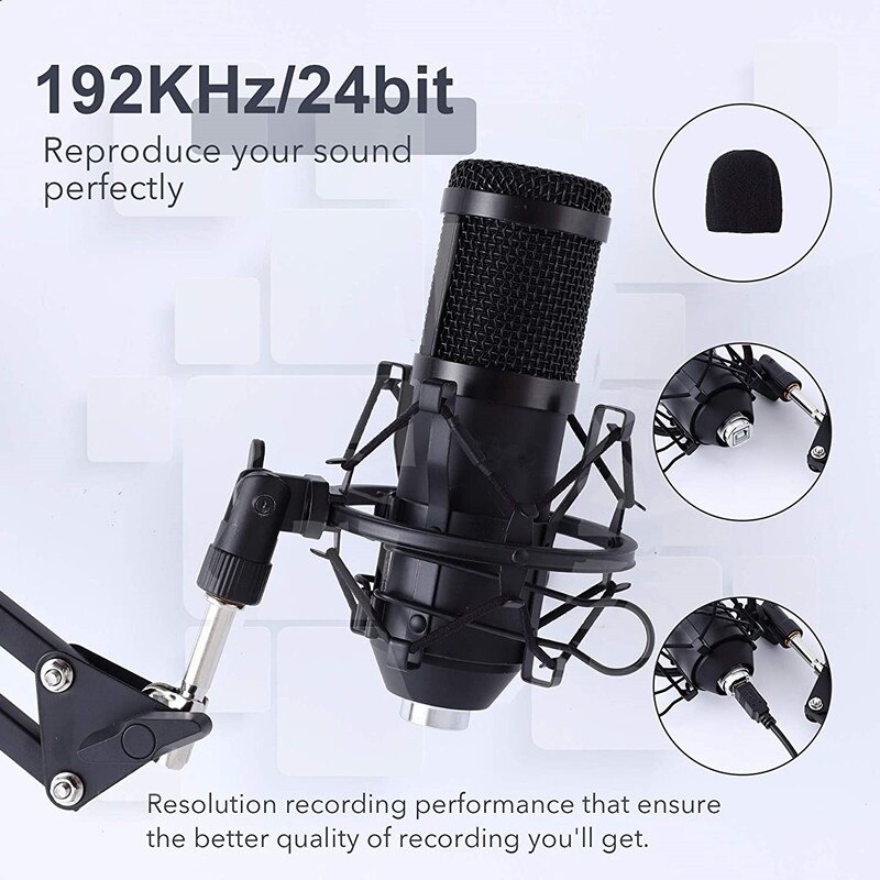 Podcast Condenser Microphone for Computer, Plug&amp;Play Cardioid PC Microphone with 192kHz/24bit Sound Chipset, Boom A