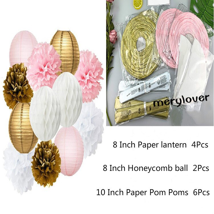 12pcs/set Mixed Paper Lantern Paper Honeycomb Ball Hanging Paper Pom PomsWedding Birthday Decor DIY Baby Shows Party Supplies: pink gold 12pcs