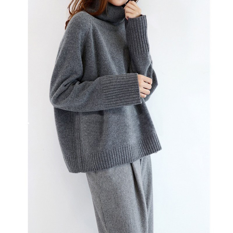 Winter Cashmere Wool Women Warm Solid Sweaters Casual Full Sleeve Turtleneck Loose Pullovers Computer Knitt: Gray / s