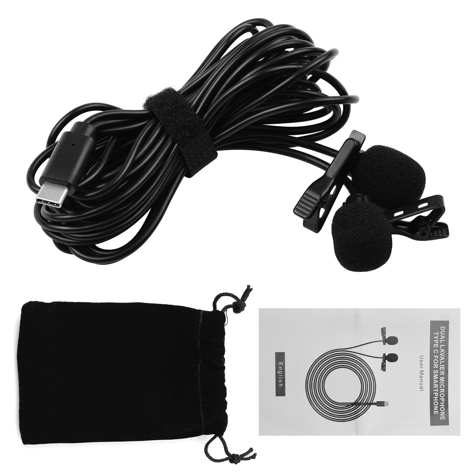 Lavalier Lapel Microphone Clipon Omnidirectional Mic Dual Head with Foam Windsceen Carrying Pouch for Interview Conference Video