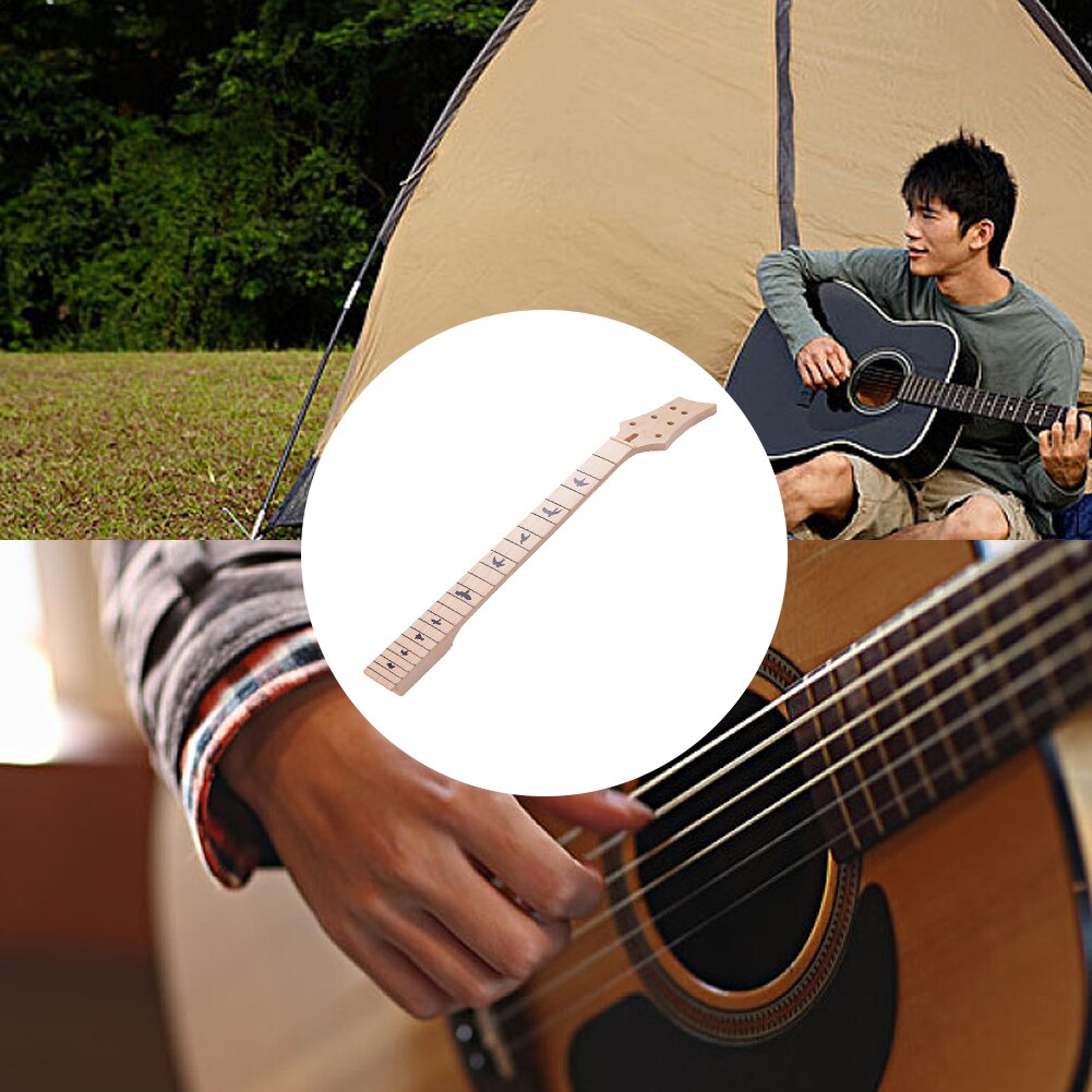 Universal Unfinished Electric Guitar Neck Maple Wood Neck Replacement 22 Frets Fingerboard With Black Birds Inlay Light Yellow