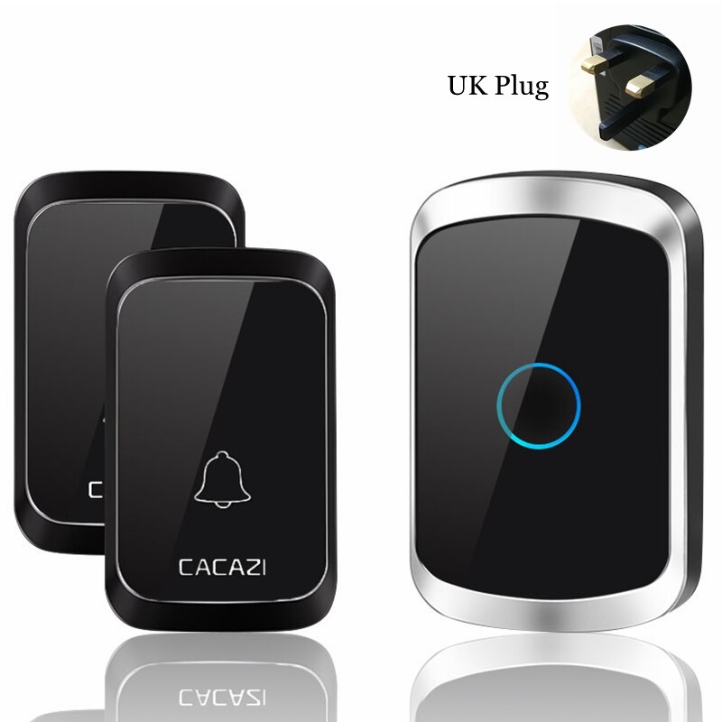 CACAZI Intelligent Wireless Doorbell Waterproof 2 Button 1 Receiver Home LED Light Battery Calling Bell Chime US EU UK AU Plug: black 2x1 UK