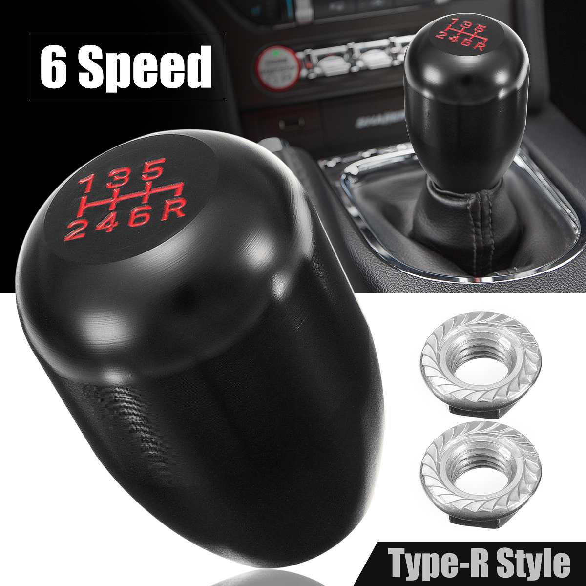 6-Speed Heldere Zwarte Aluminium Gear Shift Shifter Knop Universele M8/M10 Voor Honda Type-R Stijl rode Belettering Pookknop