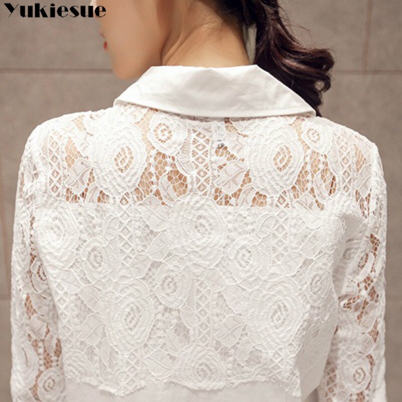 Camisas holgadas informales para mujer, blusa de talla grande a la , Blusa de manga larga con botones de encaje, Tops blancos para mujer, ropa de calle
