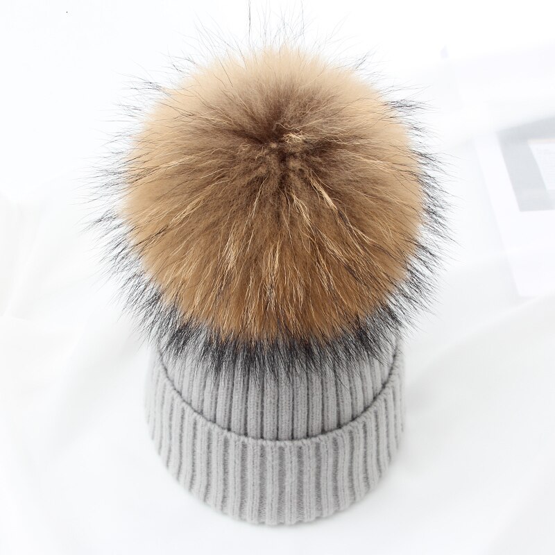 Vinter brand kvindelig pels pom poms hat vinter hat til kvinder piger hat strikkede beanies cap hat tyk kvinder uld skullies beanies: Lysegrå