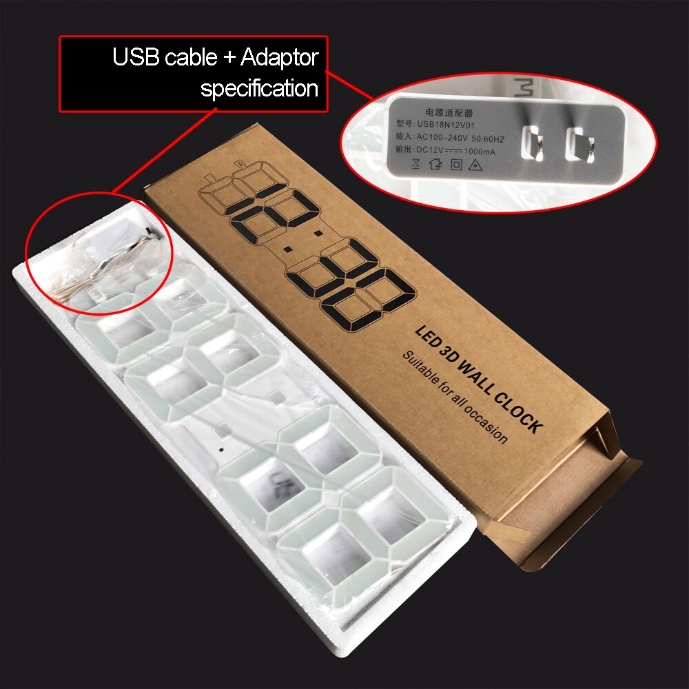 45 x 15cm superstora 3d ledda digitala väggklockor, vägglampa av modernt nattljus smart ljussensor , 12/24 timmar 2.6m trådars usb