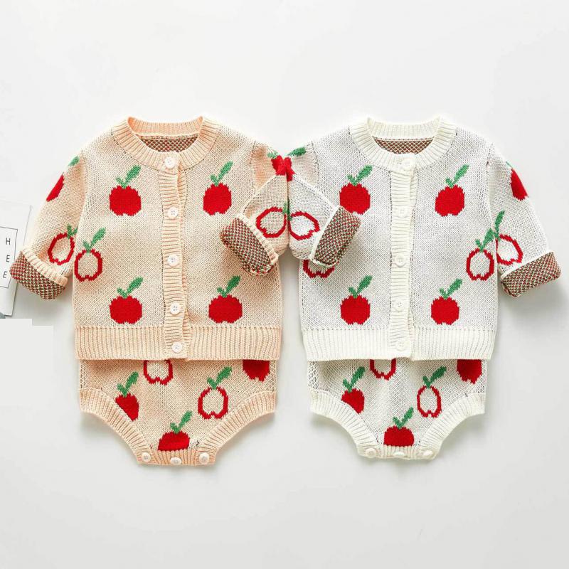 Herfst Baby Meisjes Trui Pakken Apple Print Jas + Jumpsuit Baby Gebreide Bodysuit Baby Meisje Kleding Kinderen Gebreide Set