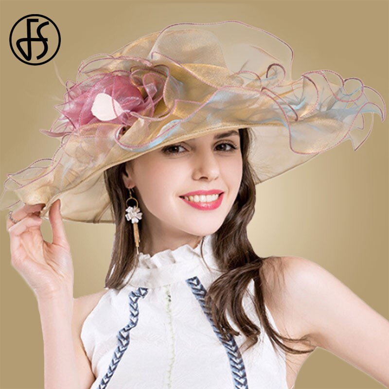Fs store organza kirke hatte lilla lyserøde brede skygge sol hatte til kvinder fedoras damer blomst kentucky derby hat bryllup