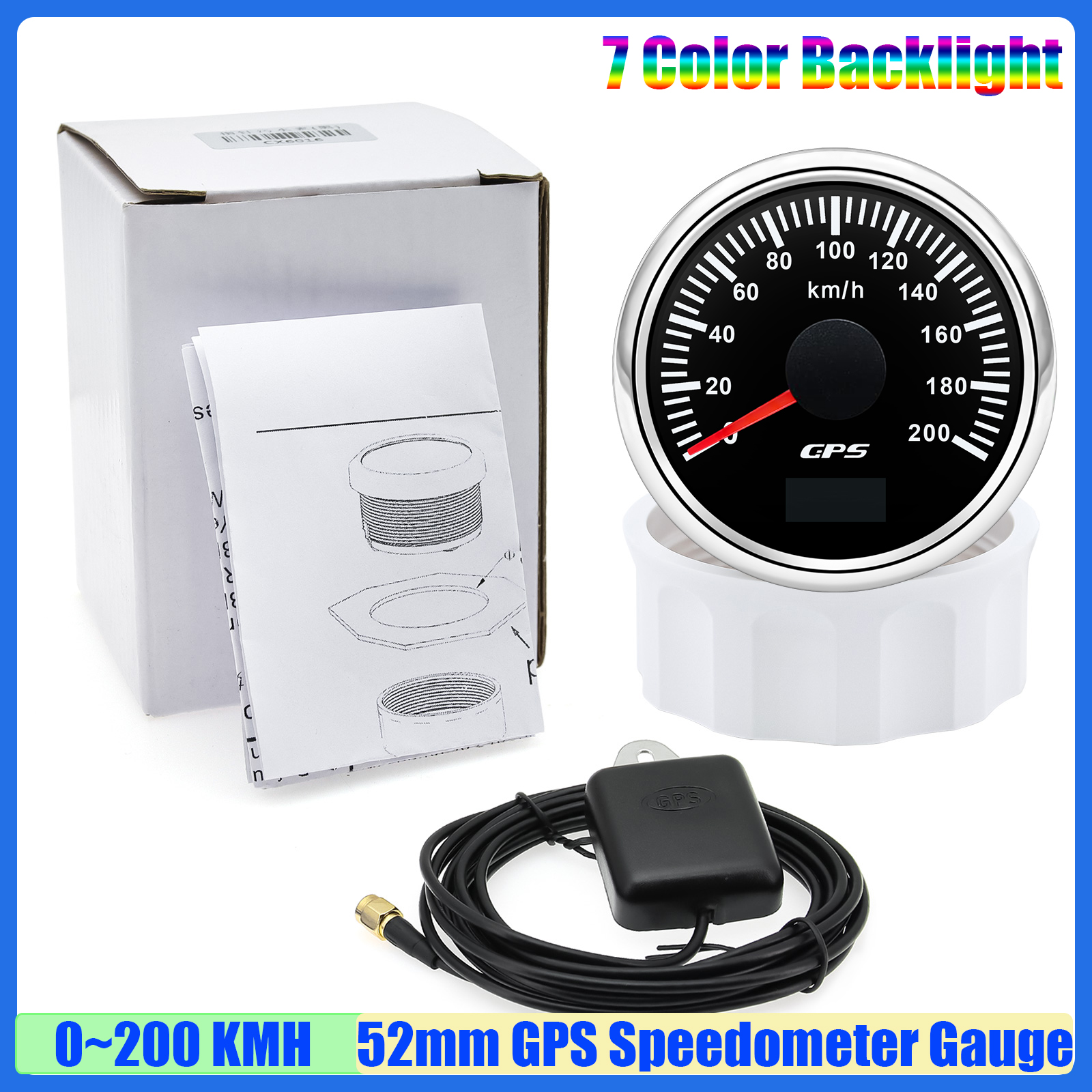 30 km/t 60 km/t 80 km/t 120 km 200 t gps-speedometer med antenne 7- farvet led-hastighedsmåler kilometertæller auto bil båd 12 v 24v brugerdefineret: Grøn