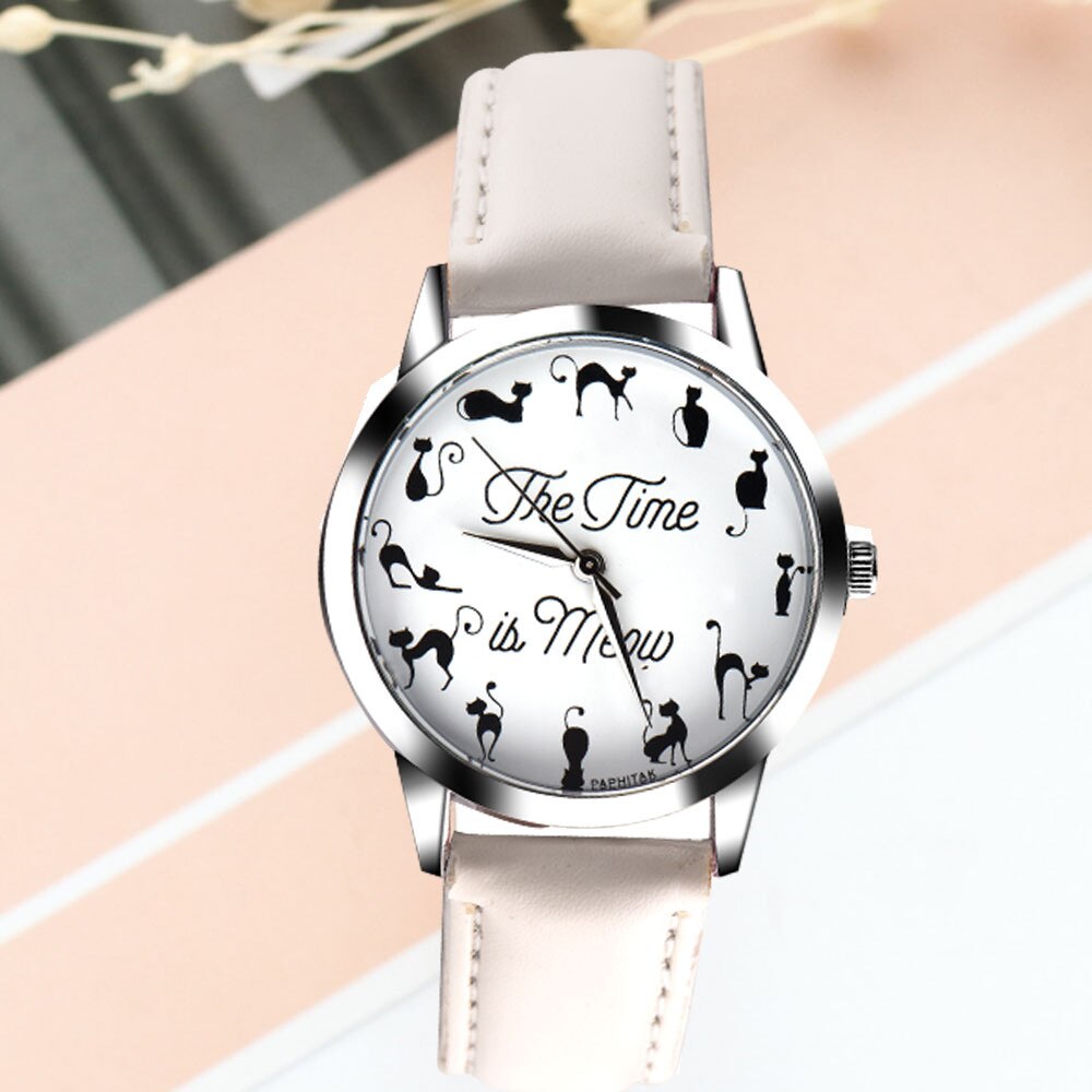 Kvinder ure kat piger ure dame ur læder armbånd ur dame dyremønster quartz håndled vandtæt: Hvid