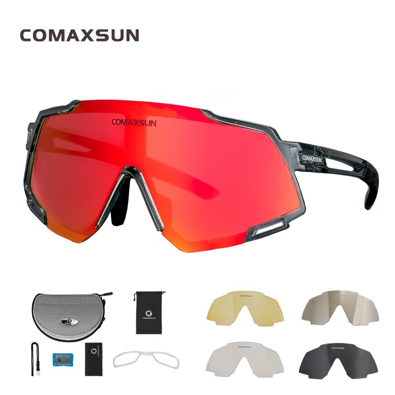 COMAXSUN Polarized 5 Len Cycling Glasses MTB Road Bike Sport Mirror Sunglasses Bike Eyewear UV400 Bicycle Goggles: Gray Black