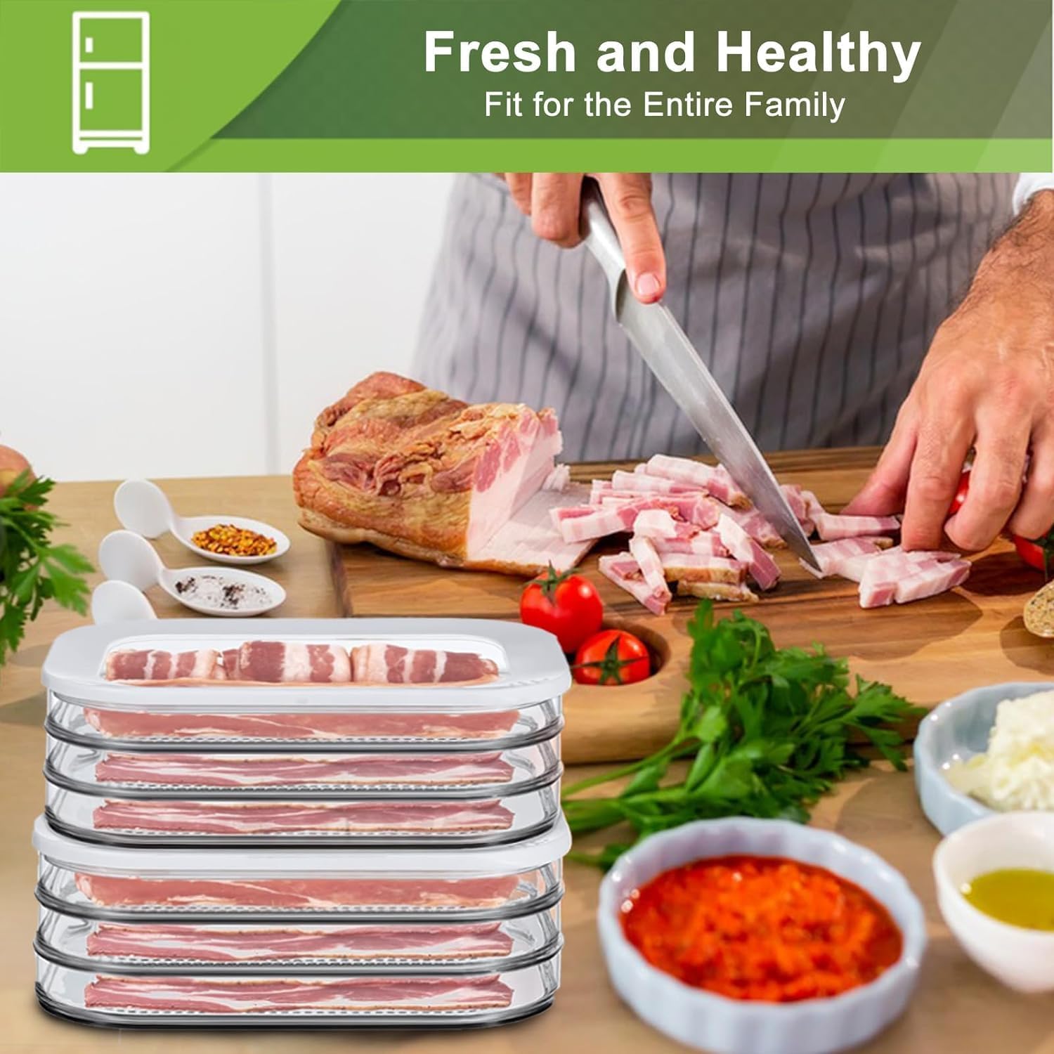 Crisper refrigerado con tapa, contenedores de carne a prueba de fugas para nevera, caja de almacenamiento de carne asada congelada transparente, accesorios de cocina