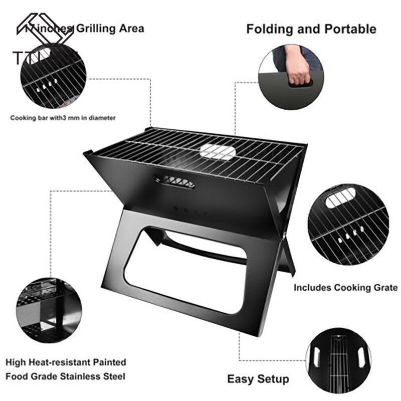 Ttlife hopfällbar kol grill grill bbq portabel förtjocka x-typ kol mini grill vertikal hushålls utomhus ugn läger grillar