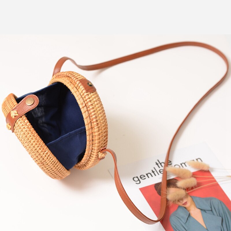 ABDB-Bolso de paja de ratán redondo Vintage para mujer, bolso hecho a mano # ahuecado