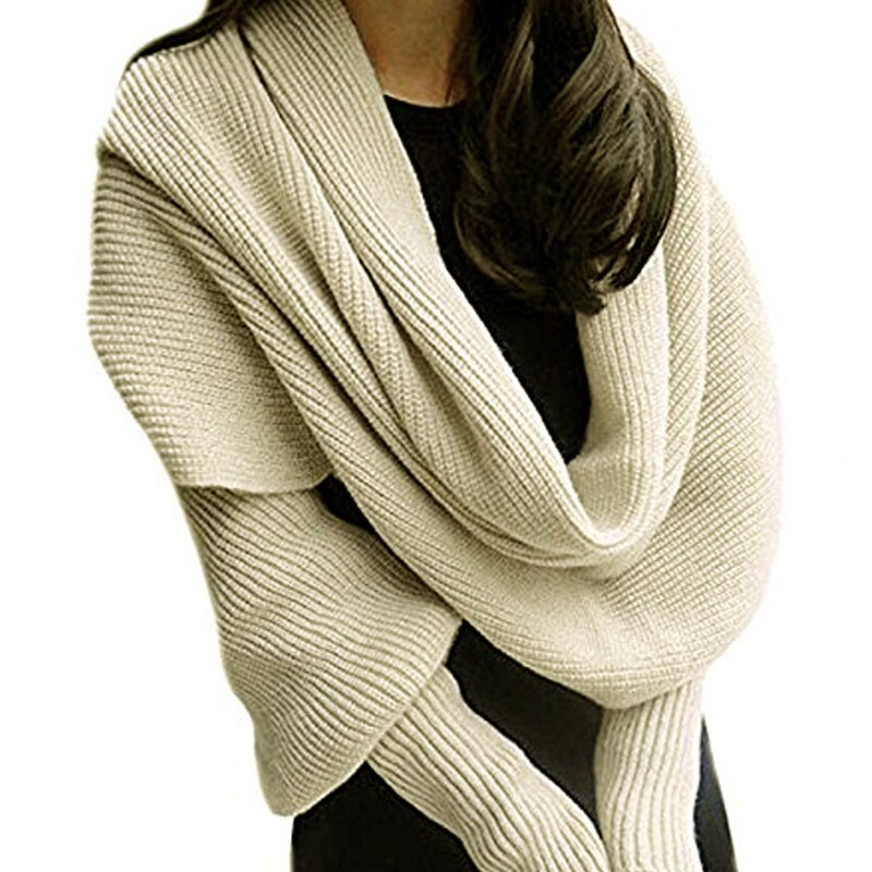 Femmes tricoté pull hauts écharpe avec manchon hiver châle foulards WHShopping