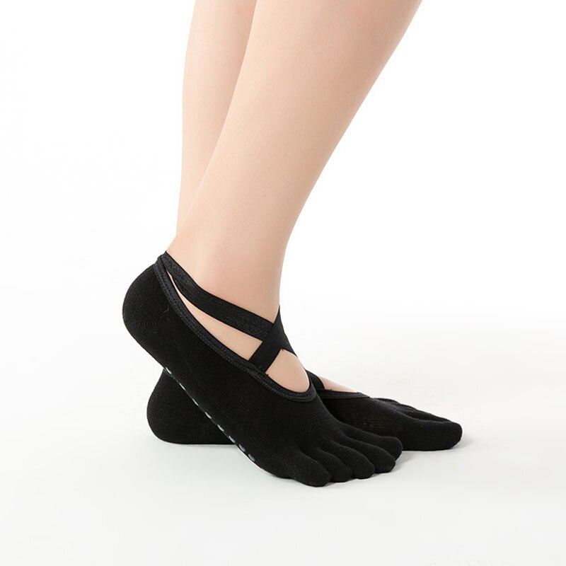 Mulheres yoga meias anti-derrapante secagem rápida amortecimento pilates basketball meias bom aperto para homem e mulher piso macio algodão toe meias: Full finger BLACK