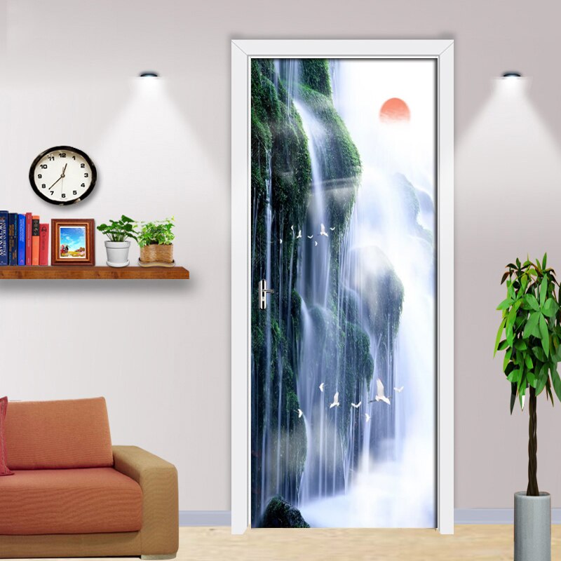 3D Door Sticker Wall Mural Art Chinese Traditional Natural Waterfall Wallpaper Poster Self Adhesive Removable Home Door 3D Decal