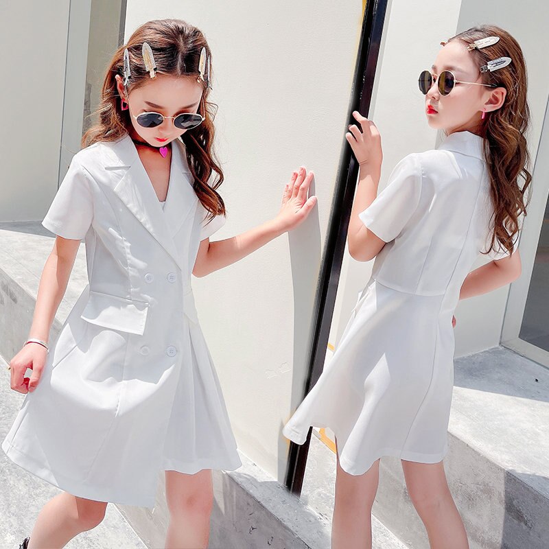 Traje de para niñas, Blazer, vestido asimétrico, abrigo largo, negro y blanco, vestidos para niños de 5 a 14 años, ropa de ,