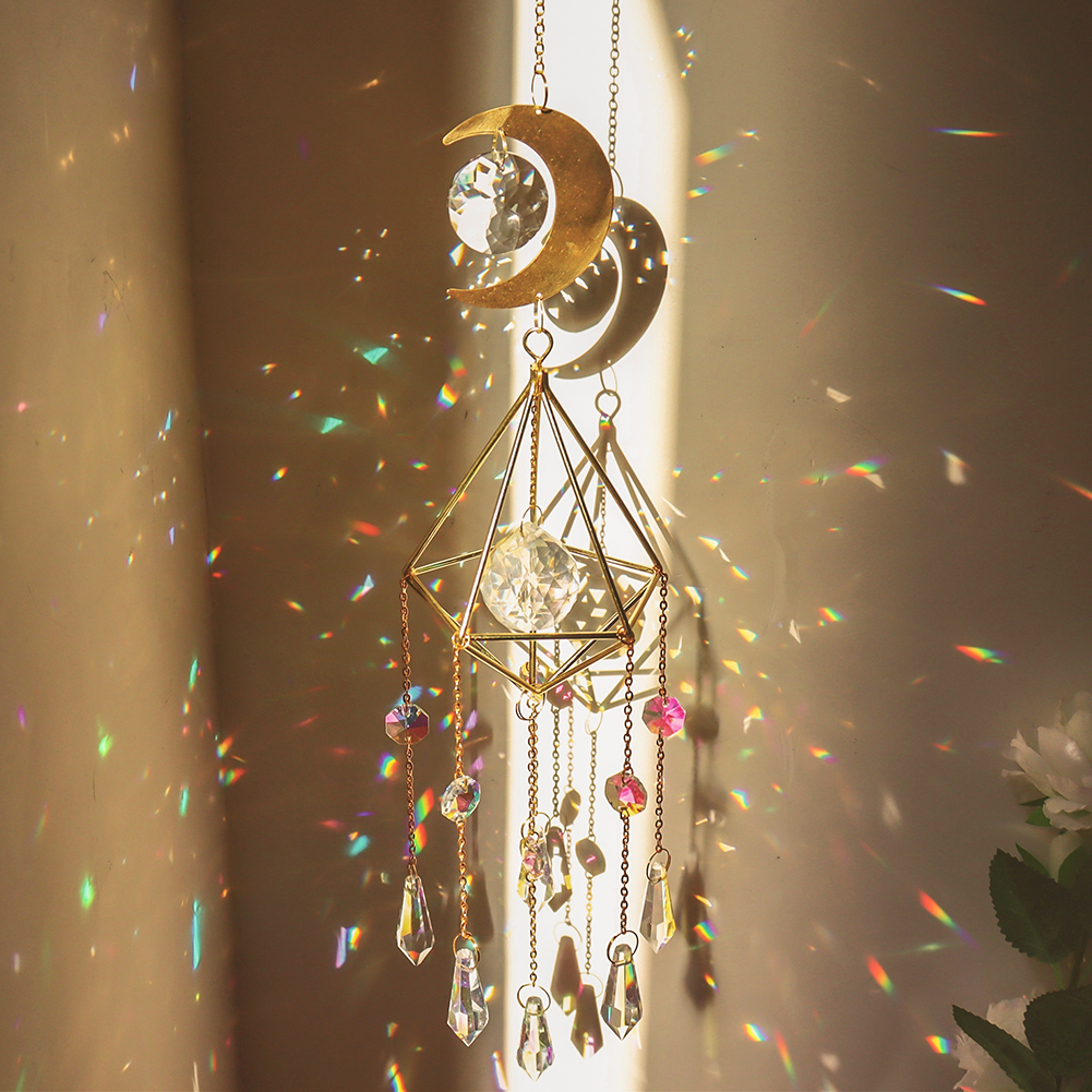 Carillón de viento de cristal con forma de diamante para decoración del hogar, adorno colgante para el sol, con forma de Luna, arcoíris, Prisma, atrapamoscas para jardín y Patio: A