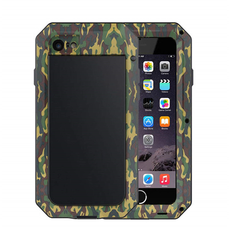 Lyxigt stötsäkert doom armor vattentätt metallfodral till iphone x xr xs max 8 7 6 6s plus 5 5s se 5c skal med skärm och glasfilm: Tpu / Armégrön