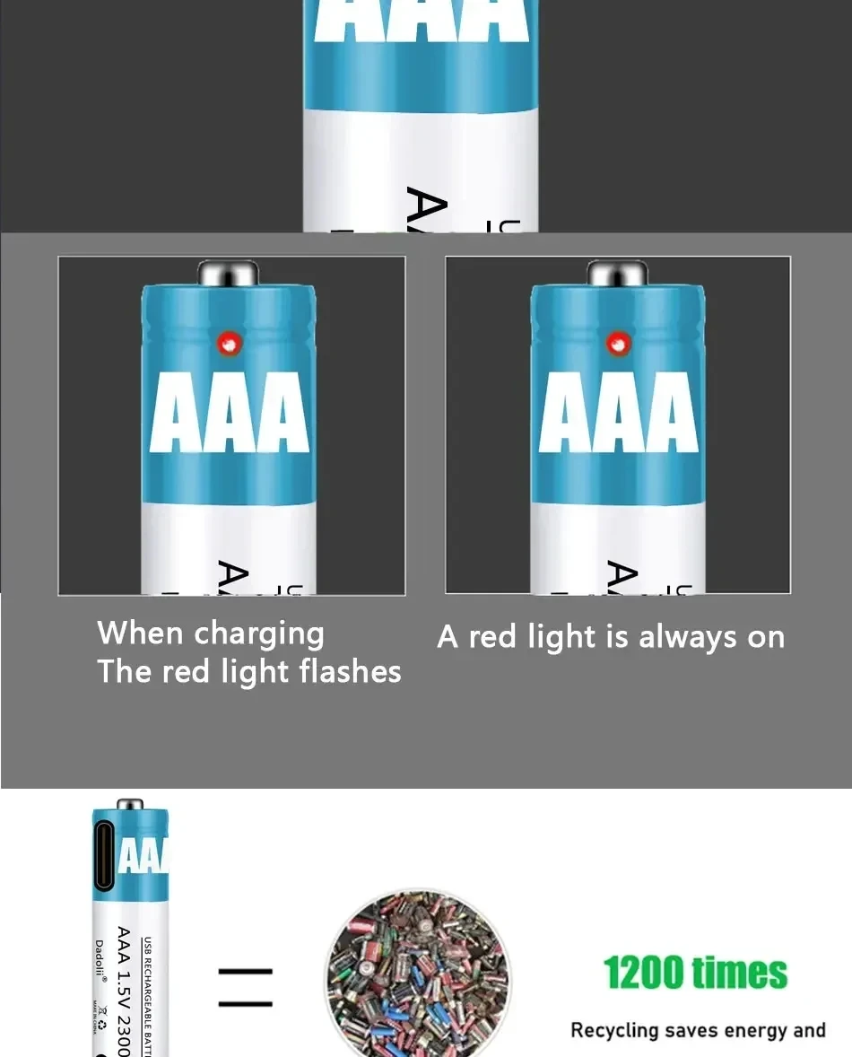 Nueva batería recargable AAA de 1,5 V, batería AAA recargable de 2300mAh, batería de polímero de litio, carga rápida mediante Cable USB tipo C