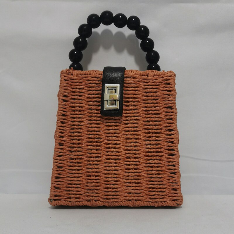 Neue weibliche stroh Tasche frauen umhängetasche papier seil perle griff handtasche Kasten Schulter Tasche Strand Taschen: Orange rot