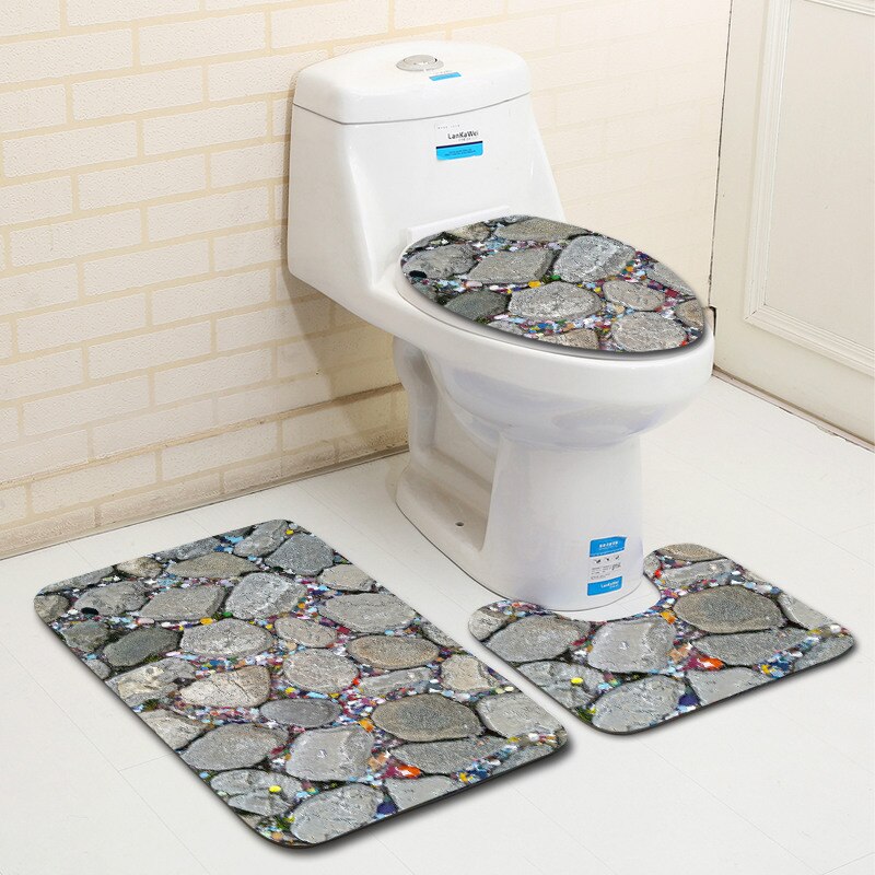 3 Piece Set Stone Printing Bath Mat Set Anti Slip Carpet Doormat Bathroom Cover Toilet Seat Mat Bath Rug Accessories for Toilet
