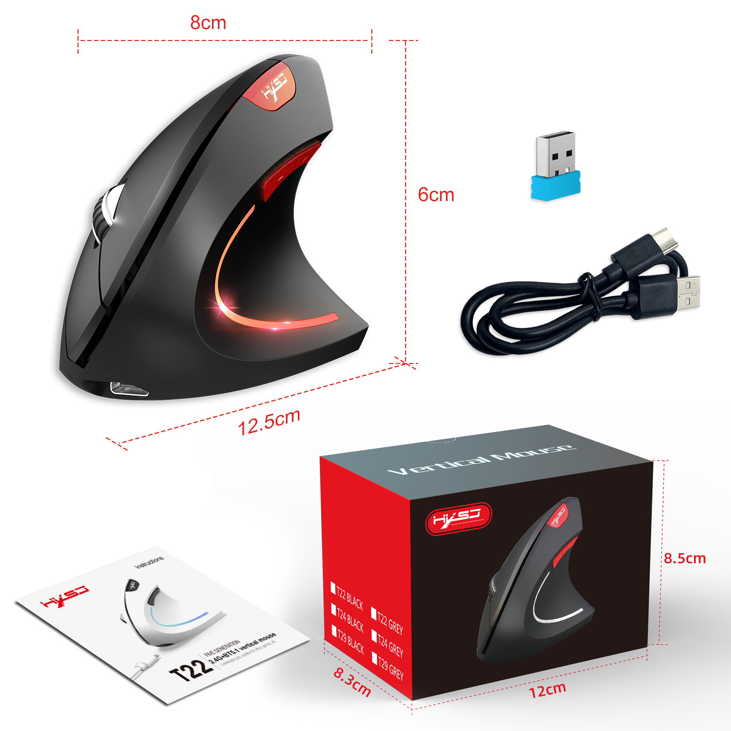 choice HXSJ ergonomic optical mouse ABS 2400DPI adjustable rechargeable 600mA vertical mouse for office and mac