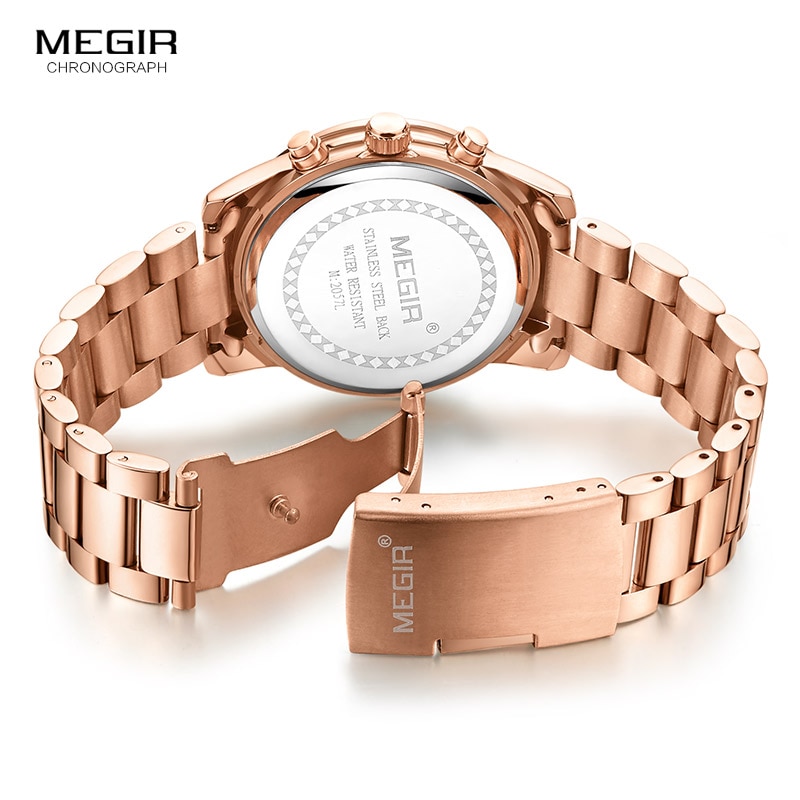 Reloj Megir mujer cronógrafo reloj de cuarzo con oro de acero inoxidable brazalete de acero 24 horas calendario pantalla reloj de pulsera para mujer 2057