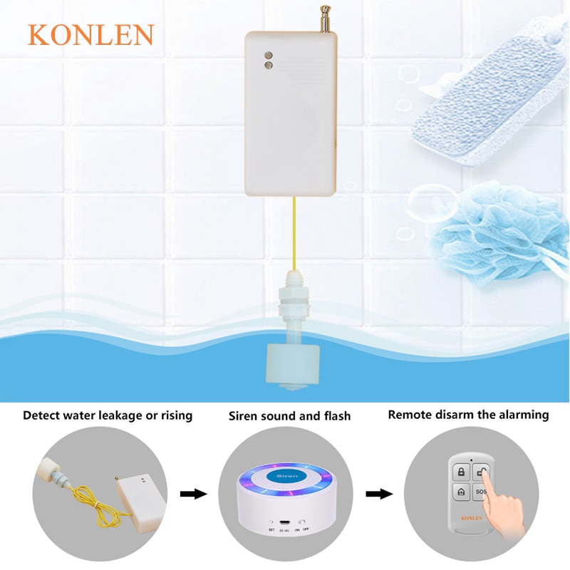 KONLEN Wireless Water Sensor Detector Siren Remote Control Bathroom Overflow Leakage Detection Strobe Siren Alarm System