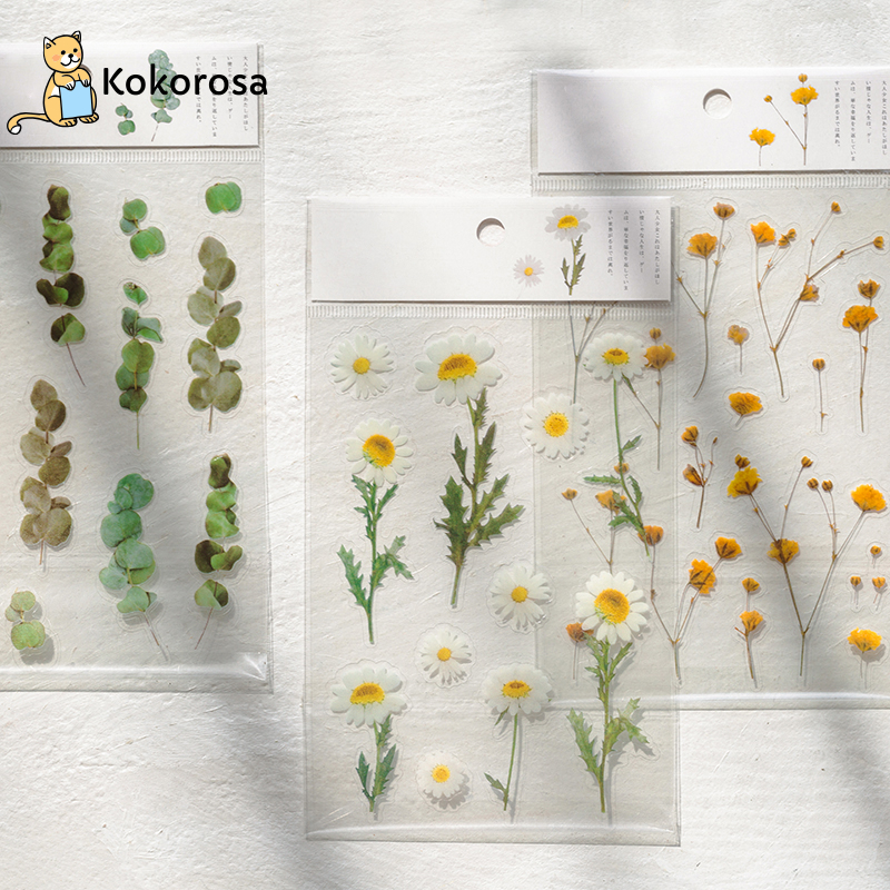 Kokorosa12 Designs Natural Daisy Clover Japanese Words Stickers Transparent PET Material Flowers Leaves Plants Deco Stickers