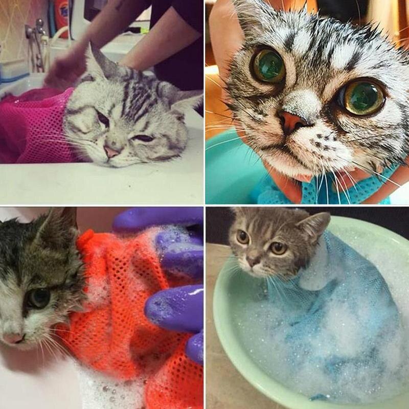 De malla bolsa de baño para gatos aseo lavado bolsas gato baño bolsa limpia antiarañazos morder moderación gato suministros de uñas de