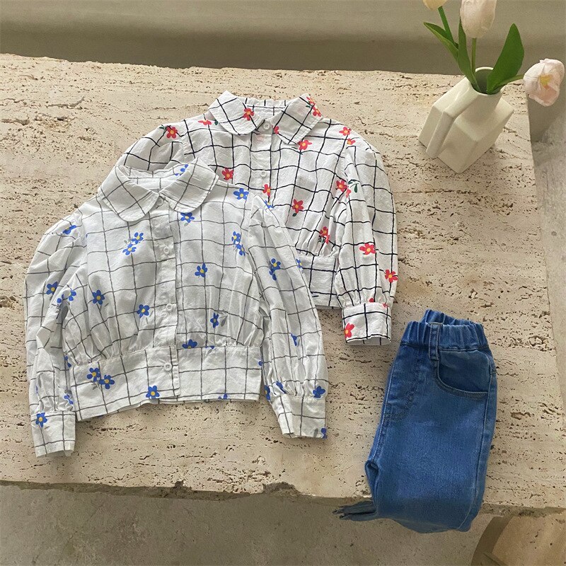 9927B Meisje Kleding Bloemen Shirts Koreaanse Voorjaar 2022 Revers Meisjes Shirts Korte Gedrukt Katoen Kid 'S Tops 1-7Year Meisje blouse