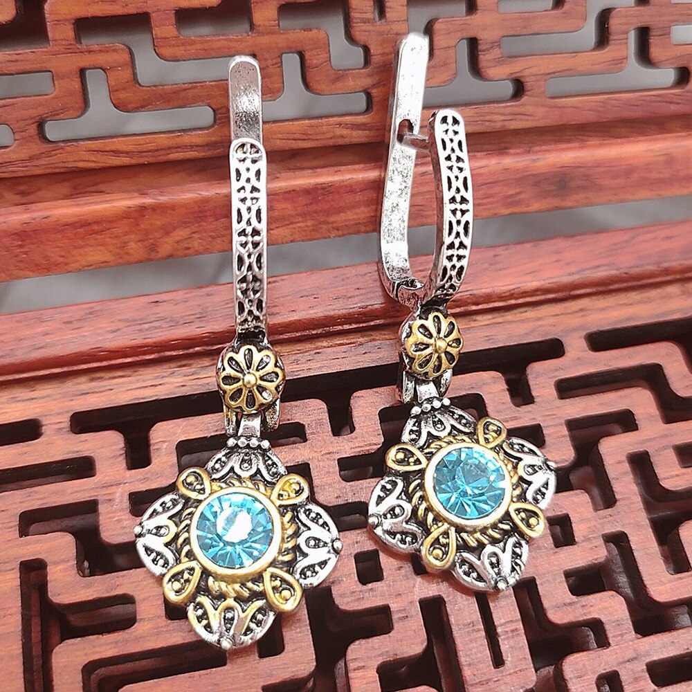 Engraved Flower Ethnic Earrings For Women Silver Color Indian Style Dangle Earrings Trendy Charm Metal Earrings Jewelry