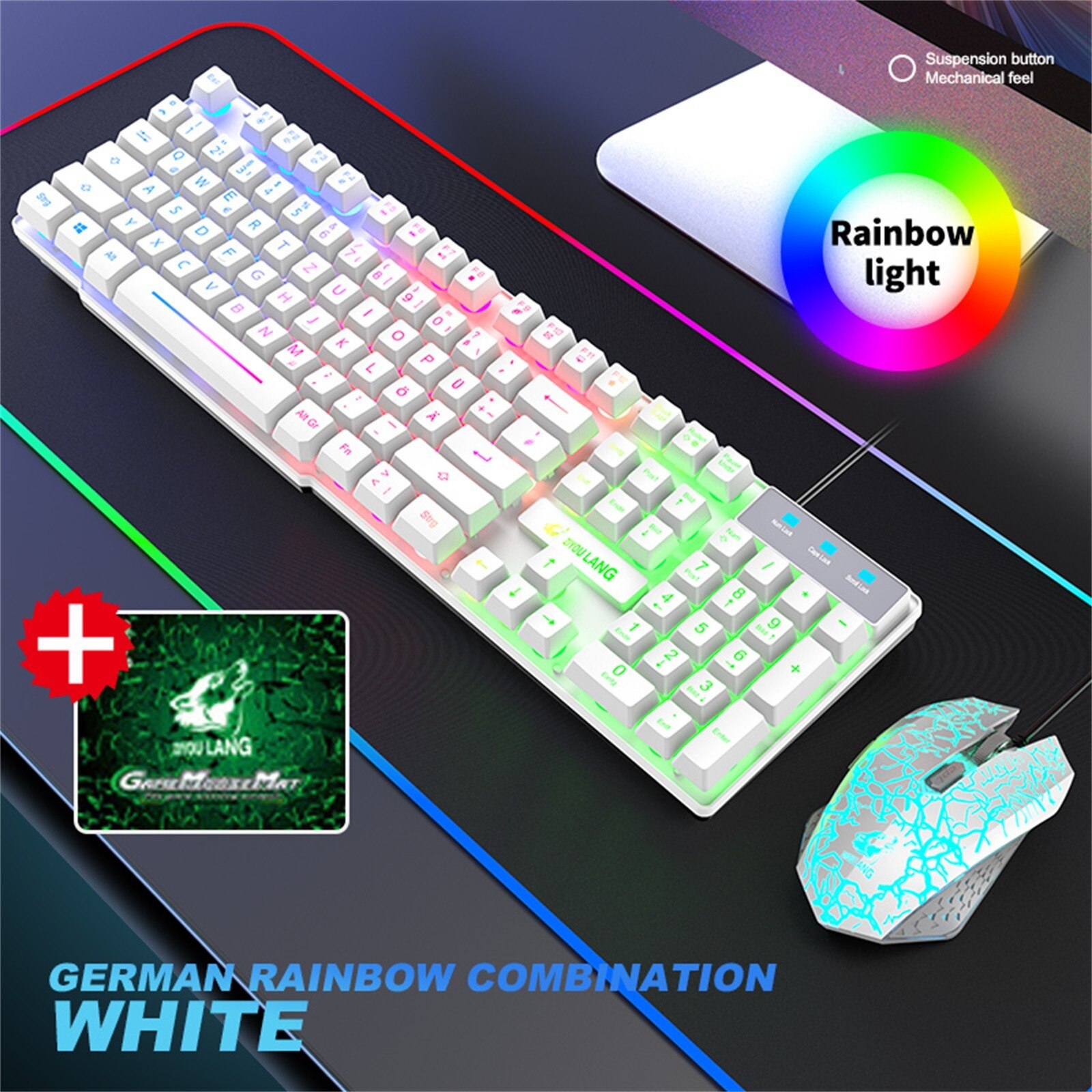 German Gaming Keyboard Computer Mouse Gamer Set Mixed Light USB PC Keypad Ergonomic Gaming Mouse For Laptop PC Games клавиатура: B