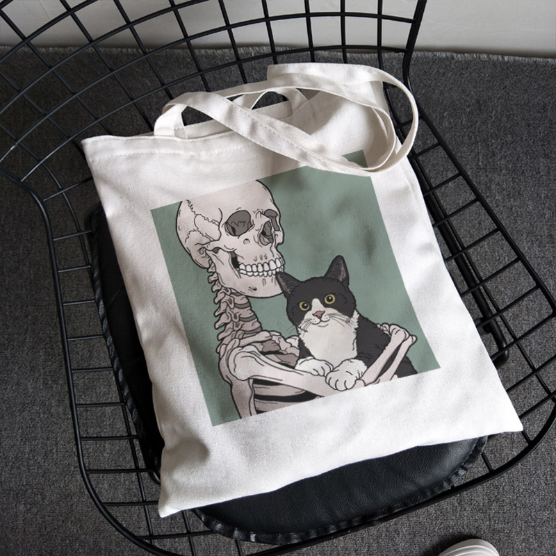 Crâne et chat mignon dessin animé imprimer femmes Vintage décontracté chic femmes fermeture éclair grande capacité toile Goth ins sacs à bandoulière